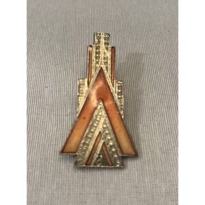 Vintage Art Deco Skyline Design Red Enamel Brooch Unsigned Pin City Scape 2.25In